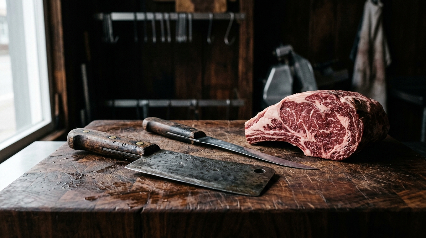 Butcher carefully trimming meat under dim light
